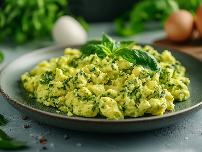 Ein dunkler Teller mit einer großen Portion Pesto-Rührei, die mit frischem Basilikum garniert ist. Im Hintergrund liegen ein paar einzelne Eier herum sowie Stiele frischen Basilikums. Um den Teller herum liegen einzelne Basilikumblätter und Gewürze verstreut.