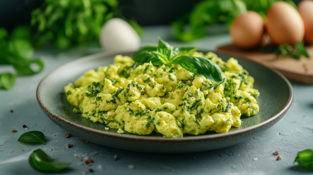 Ein dunkler Teller mit einer großen Portion Pesto-Rührei, die mit frischem Basilikum garniert ist. Im Hintergrund liegen ein paar einzelne Eier herum sowie Stiele frischen Basilikums. Um den Teller herum liegen einzelne Basilikumblätter und Gewürze verstreut.