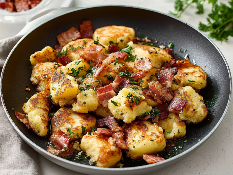 Ein schwarzer Teller mit Petersilien-Speck-Schmarrn steht auf einem weißen Untergrund. Unter dem Teller liegt ein graues Tuch. Im Hintergrund sieht man noch ein wenig frische Petersilie sowie eine Schüssel Schinken