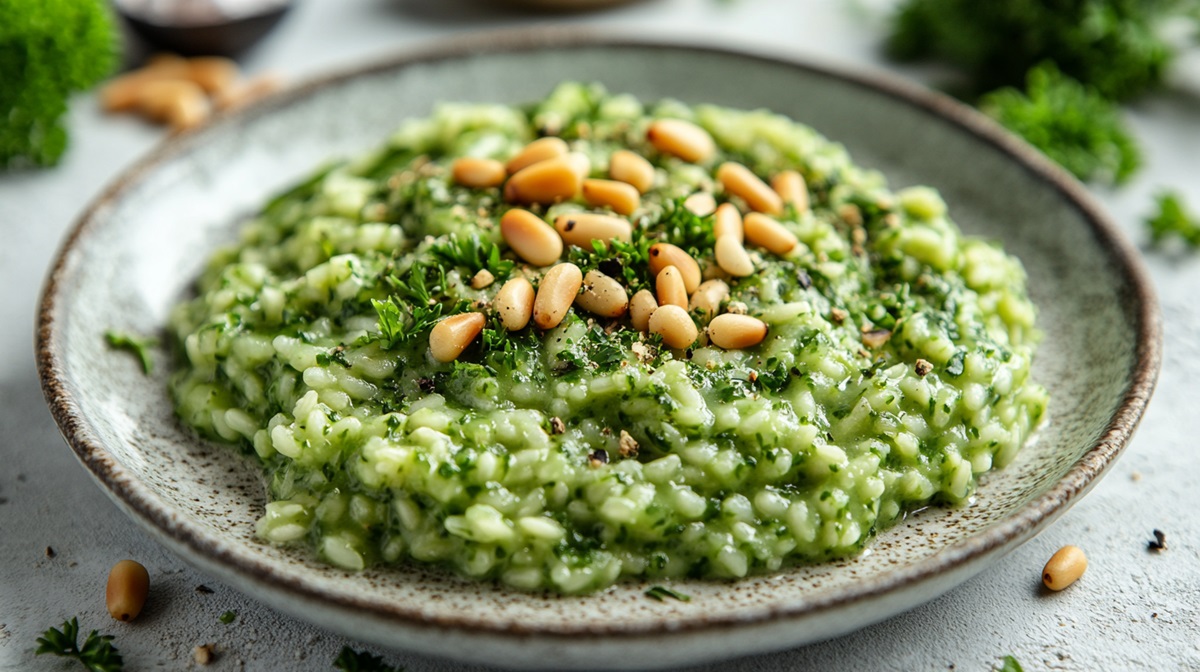 Teller mit Petersilien-Risotto mit Pinienkernen