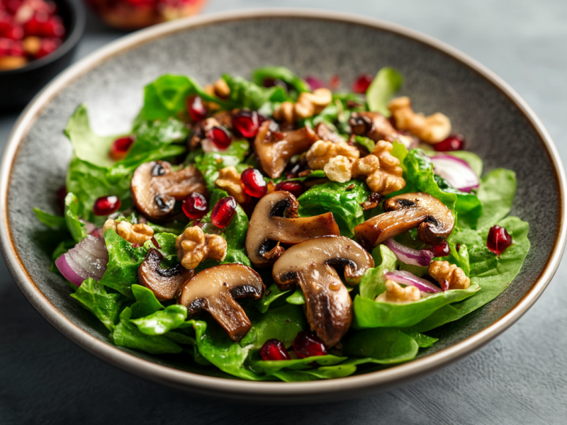 Eine Schüssel mit Feldsalat mit Pilzen auf einem grauen Tisch. Der Salat ist mit Pilzen, Zwiebeln, Granatapfelkernen und Walnüssen angerichtet. Im Hintergrund sieht man noch eine Schale Granatapfelkerne.
