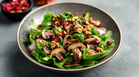 Eine Schüssel mit Feldsalat mit Pilzen auf einem grauen Tisch. Der Salat ist mit Pilzen, Zwiebeln, Granatapfelkernen und Walnüssen angerichtet. Im Hintergrund sieht man noch eine Schale Granatapfelkerne.