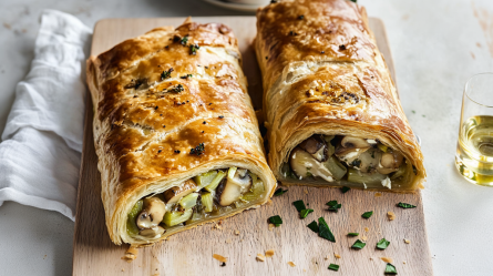 Ein Holzbrett, auf dem ein aufgeschnittener Pilz-Lauch-Strudel aus Blätterteig liegt. Neben dem Holzbrett liegt ein Küchenhandtuch und auf der anderen Seite steht ein kleines Glas Weißwein.