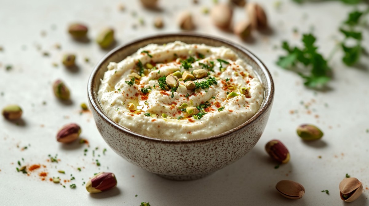 Eine Schale Pistazien-Feta-Dip garniert mit Chiliflocken, gehackten Pistazien und Kräutern. Drumherum einige Pistazien und Kräuter.
