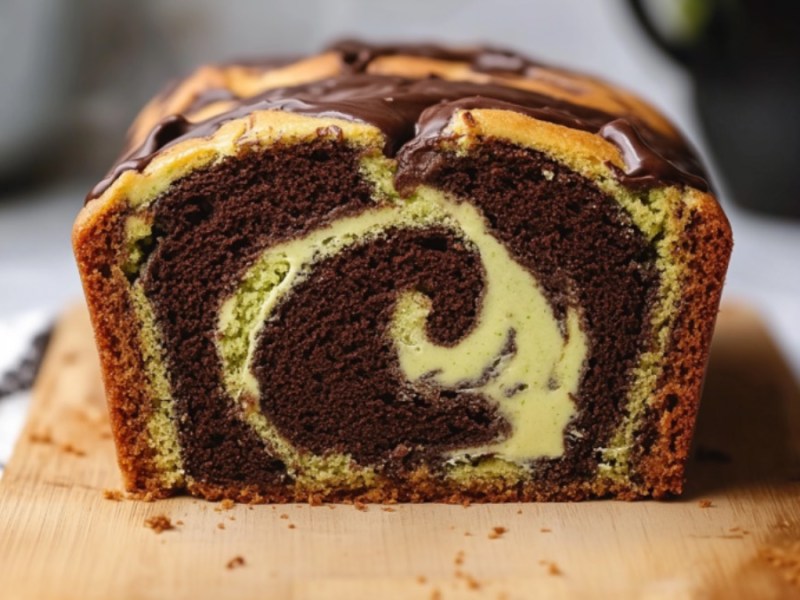 Ein angeschnittener Pistazien-Marmorkuchen auf einem Holzbrett.