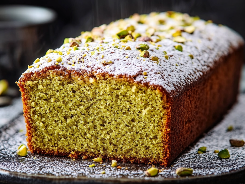 Ein großer Teller mit einem angeschnittenen Pistazienkuchen ohne Mehl, der mit Puderzucker bestäubt und mit einigen gehackten Pistazien bestreut ist. Auf dem Teller liegt ebenso Puderzucker und gehackte Pistazien. Im Hintergrund ist ein Gefäß mit einem Holzlöffel zu sehen.