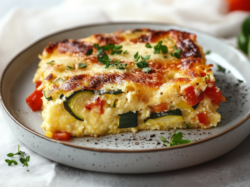 Ein Stück Polenta-Gratin liegt auf einem grauen Teller. Links neben dem Teller liegen einige Kräuter. Rechts im Hintergrund sieht man eine grüne Paprikaschote.