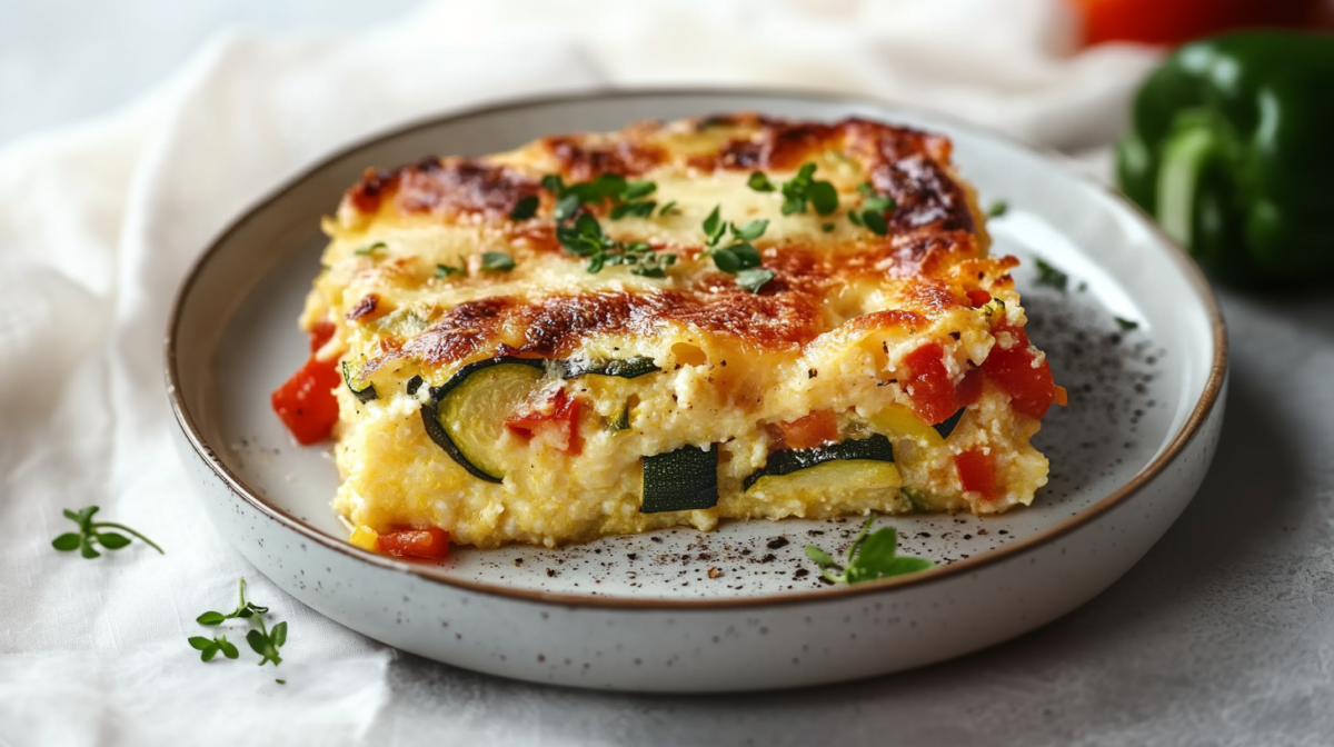Ein Stück Polenta-Gratin liegt auf einem grauen Teller. Links neben dem Teller liegen einige Kräuter. Rechts im Hintergrund sieht man eine grüne Paprikaschote.