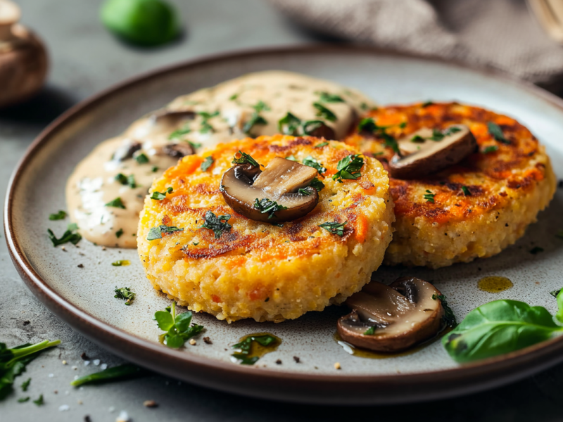 Zwei Polenta-Möhren-Taler liegen auf einem grauen Teller. Sie sind mit Pilzrahmsoße angerichtet und frischen Kräutern überstreut. Neben dem Teller liegen weitere Kräuter. Im Hintergrund sieht man ein Tuch mit Besteck darauf.