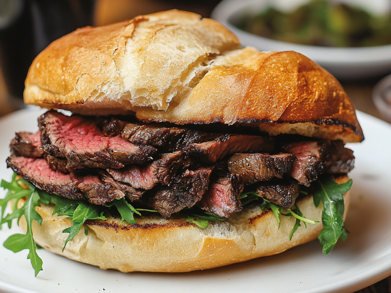 Prego: Portugiesisches Steak-Sandwich auf einem weißen Teller.