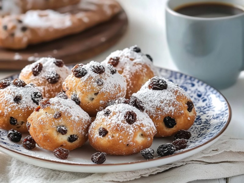 Prüllkers: ostfriesisches Hefegebäck auf einem Teller, bestäubt mit Puderzuker, daneben eine Tasse Kaffee.