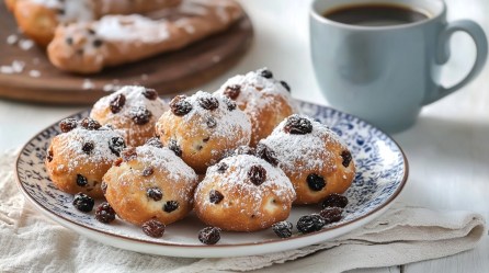Prüllkers: ostfriesisches Hefegebäck auf einem Teller, bestäubt mit Puderzuker, daneben eine Tasse Kaffee.