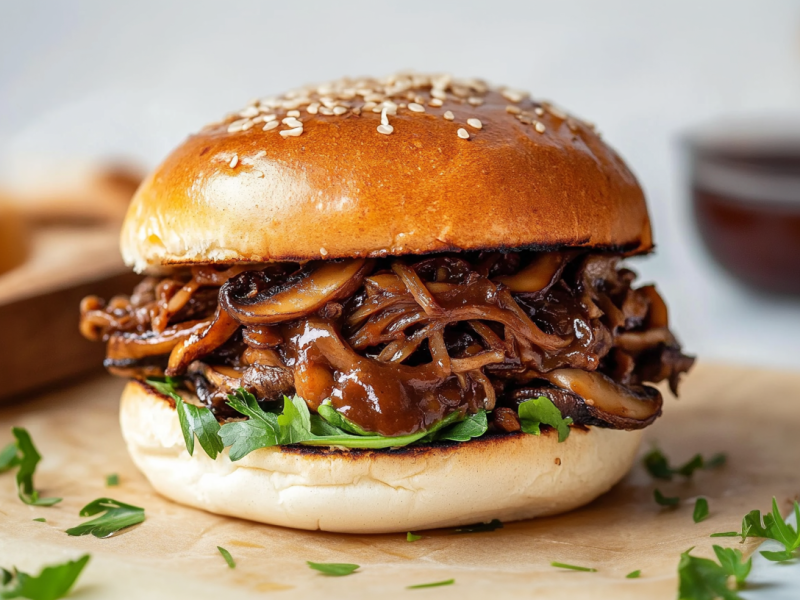 Ein Pulled-Mushroom-Burger steht auf einem dünnen Holzbrett. Um ihn herum liegt etwas gezupfter Rucola. im Hintergrund sieht man eine Tomate sowie verschiedene Soßen.