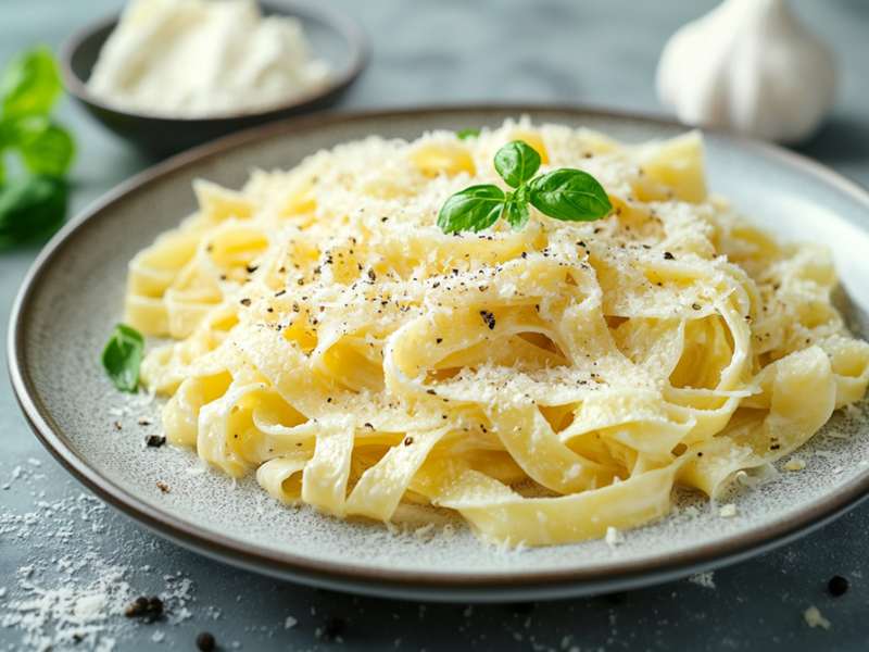 Ein Teller mit einer Portion Quarknudeln, die in Butter geschwenkt wurden und mit etwas geriebenem Parmesan und Pfeffer sowie dekoriert mit etwas frischem Basilikum serviert werden. Im Hintergrund kann man eine Schale mit Quark, ein Stück Parmesan, eine Knoblauchknolle und frisches Basilikum erkennen. Um den Teller liegen einzelne Pfefferkörner, Salz und Parmesan verstreut.