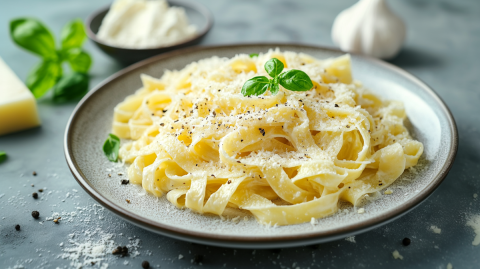 Ein Teller mit einer Portion Quarknudeln, die in Butter geschwenkt wurden und mit etwas geriebenem Parmesan und Pfeffer sowie dekoriert mit etwas frischem Basilikum serviert werden. Im Hintergrund kann man eine Schale mit Quark, ein Stück Parmesan, eine Knoblauchknolle und frisches Basilikum erkennen. Um den Teller liegen einzelne Pfefferkörner, Salz und Parmesan verstreut.