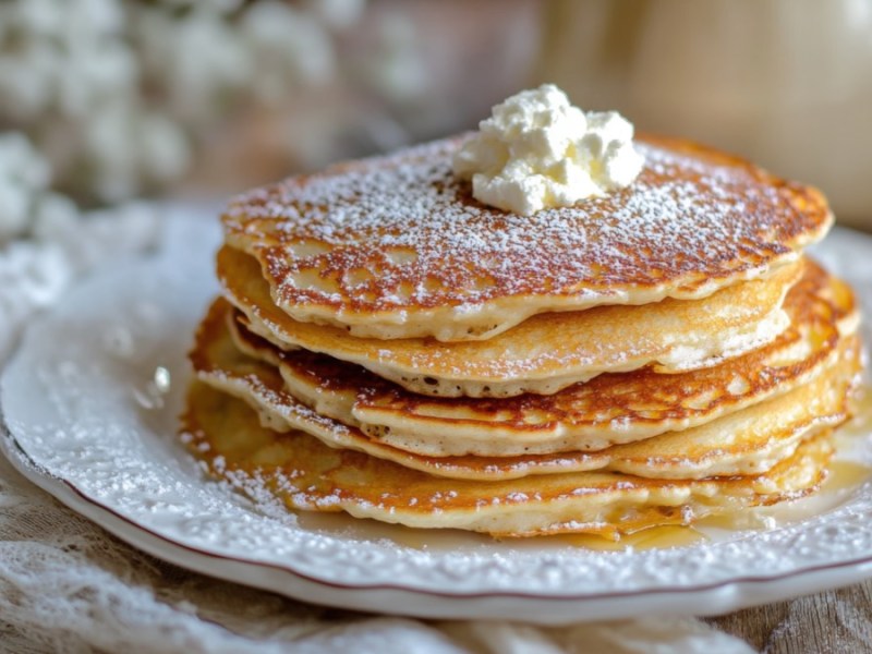 Ein Stapel Quarkpfannkuchen ohne Mehl auf einem Teller.