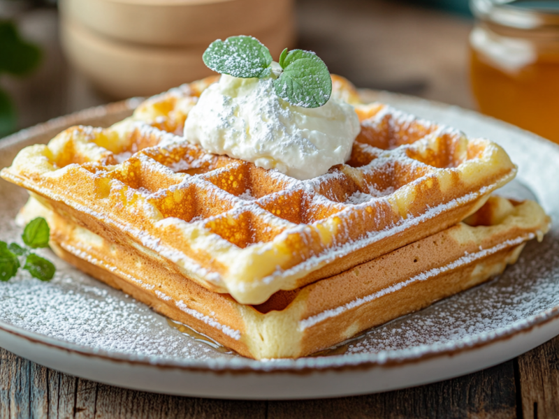 Eine Portion Quarkwaffeln, die mit Puderzucker bestäubt sind und mit einem Klecks Quark und frischen Minzblättern garniert sind. Im Hintergrund steht ein kleines Glas Honig. Außerdem ist ein Blumentopf zu sehen und einige Stiele Minze, die auf dem Tisch liegen.