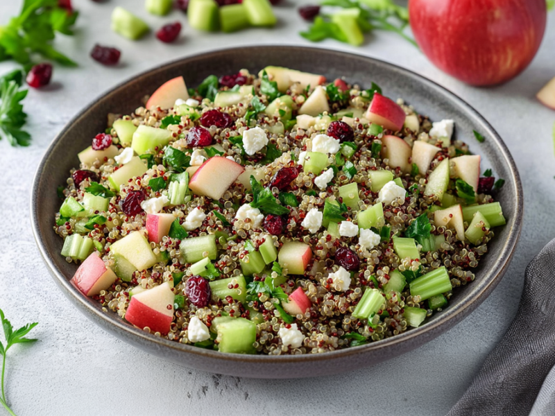 Ein großer Teller mit Quinoa-Apfel-Salat mit Sellerie und Cranberrys. Außerdem enthält der Salat frische gehackte Petersilie und Feta. Um den Teller herum liegen einzelne Cranberrys, Apfel- und Selleriestücke verteilt, sowie Petersilie. Im Hintergrund ist zudem ein ganzer Apfel erkennbar.