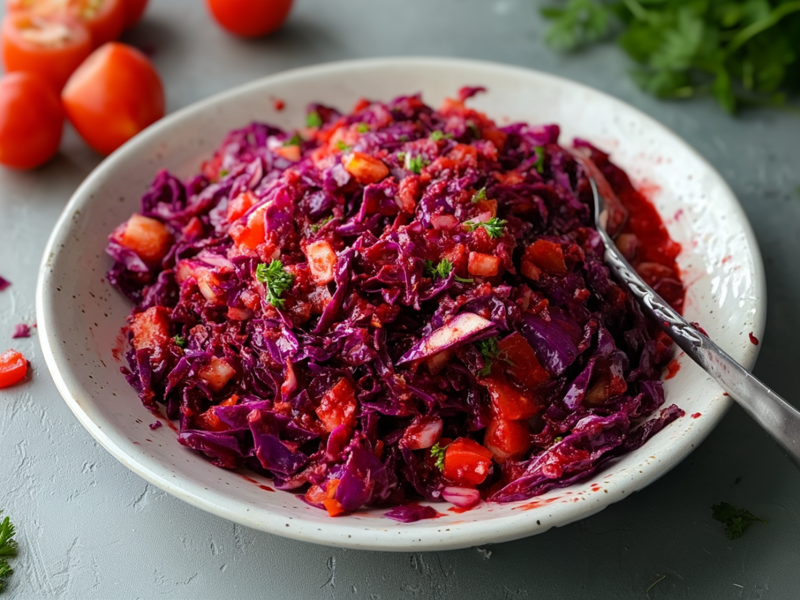 Ein Teller mit Red Goddess Salad, der aus Rotkohl, Roter Bete, Paprika und Tomaten besteht und mit einem cremigen roten Dressing angemacht ist. Der Salat ist mit etwas frischer Petersilie garniert. Im Hintergrund liegen ein paar Tomaten und ein Bund frische Kräuter.