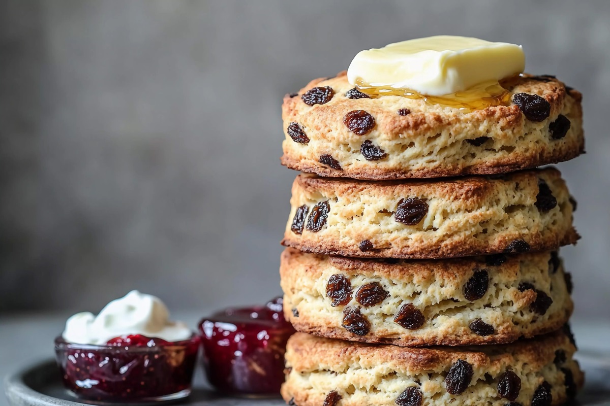 Stapel Rosinen-Scones mit Erdbeermarmelade und Clotted Cream daneben