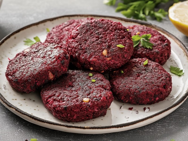 Mehrere Rote-Bete-Frikadellen, die auf einem hellen Teller übereinander liegen.