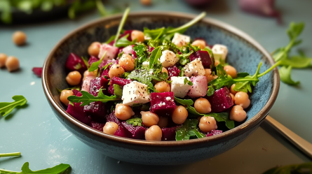 Eine Schüssel mit Rote-Bete-Kichererbsen-Salat mit Feta, der außerdem Rucola enthält. Um den Teller herum liegen einige einzelne Kichererbsen und Rucola verstreut. Zudem liegt rechts neben der Schüssel ein goldenes Besteck. Im Hintergrund ist frischer Rucola und zwei Rote Bete Knollen zu erkennen.