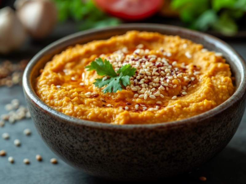 Eine Schüssel mit Rote-Linsen-Dip. Im Hintergrund sind frische Zutaten zu sehen.