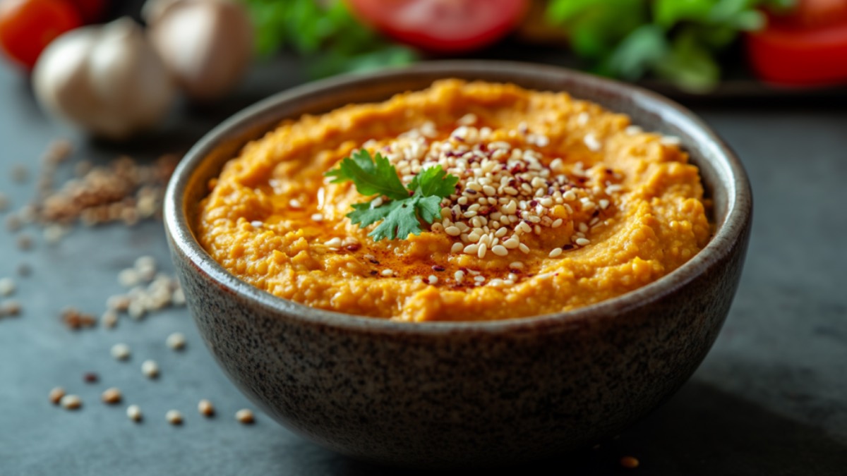 Eine Schüssel mit Rote-Linsen-Dip. Im Hintergrund sind frische Zutaten zu sehen.