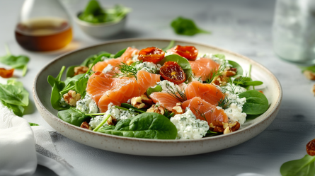 Ein Teller voll Salat mit Räucherlachs und Hüttenkäse, der außerdem getrocknete Tomaten und geröstete Pekannüsse enthält. Im Hintergrund ist eine Karaffe mit Essig zu erahnen. Links neben dem Teller liegt ein Küchenhandtuch. Um den Teller herum liegen einzelne Spinatblätter herum.