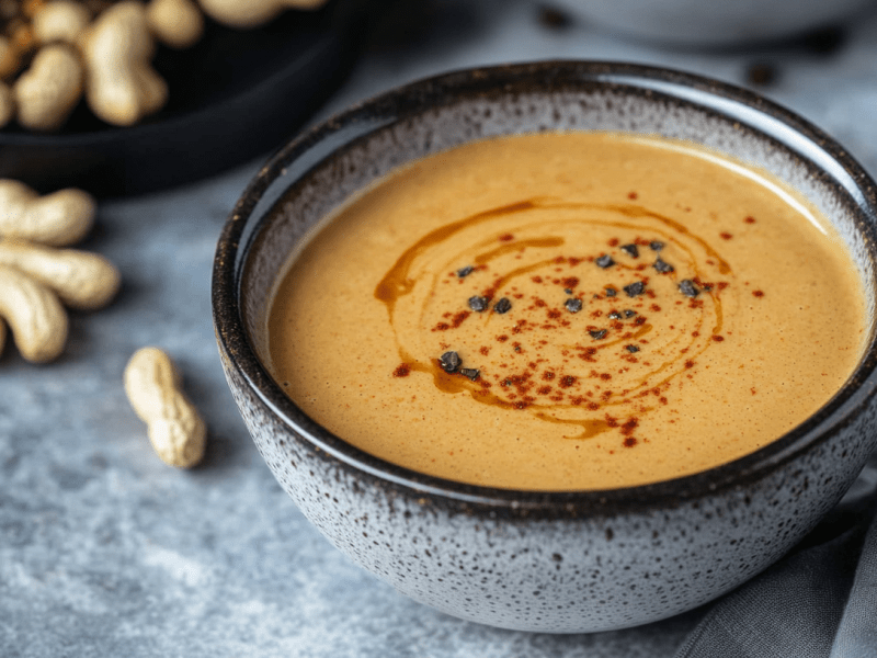 Eine Schüssel Satay-Soße. Drum herum liegen Erdnüsse.