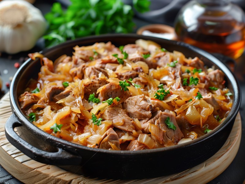 Sauerkraut-Gulasch in einer gusseisernen Pfanne, garniert mit Petersilie.