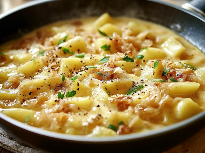 Sauerkraut-Schupfnudelpfanne mit Schmand in einer Pfanne.