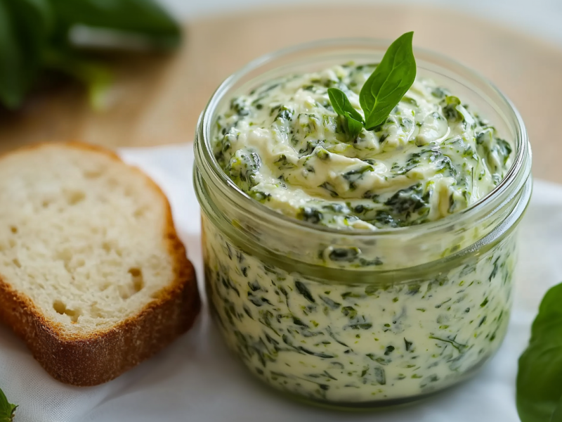 Ein Glas mit Schmand-Spinat-Creme auf einem weißen Tuch. Rechts daneben liegt ein Spinatblatt. Links daneben liegt eine Scheibe Brot sowie weiterer Spinat.