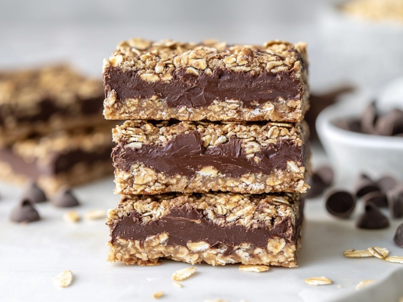 3 Schoko-Haferflocken-Riegel übereinander gestapelt, im Hintergrund einige Zutaten wie Schokolade und Haferflocken unscharf zu erkennen.