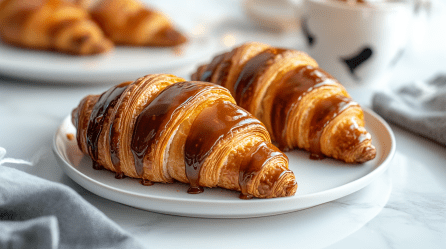 Zwei Schoko-Karamell-Croissants auf einem Teller. Im Hintergrund steht ein weiterer Teller mit Croissants.