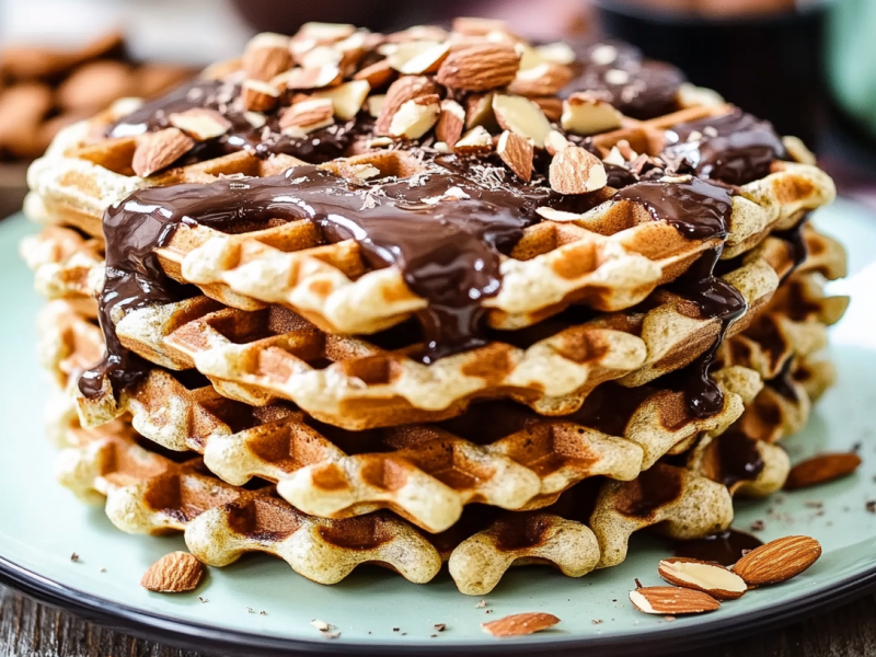 Ein Stapel Schoko-Mandel-Waffeln mit Schokosoße und Mandelsplittern.