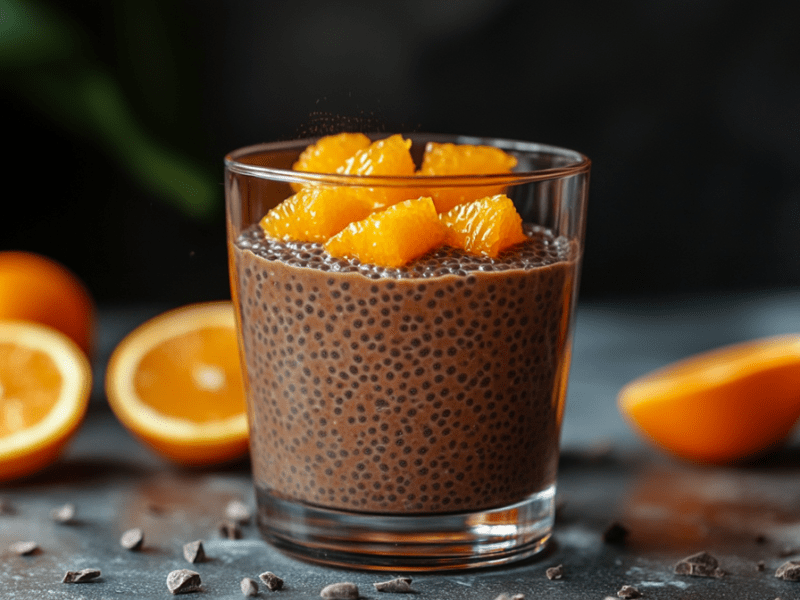Ein kleines Glas mit Schoko-Orangen-Chia-Pudding, der mit klein geschnittenen Orangenstücken garniert ist. Im Hintergrund sind einige Orangenhälften zu sehen. Um das Glas liegen Schokostückchen verstreut.