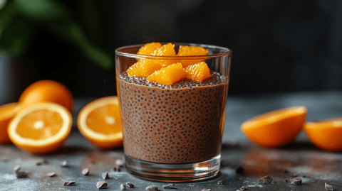 Ein kleines Glas mit Schoko-Orangen-Chia-Pudding, der mit klein geschnittenen Orangenstücken garniert ist. Im Hintergrund sind einige Orangenhälften zu sehen. Um das Glas liegen Schokostückchen verstreut.