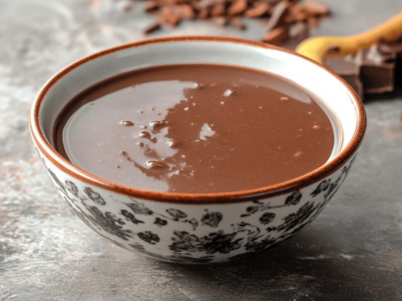 Eine Schüssel mit Schokoladensuppe auf einer grauen Arbeitsfläche. Im Hintergrund liegt etwas Schokolade sowie ein Holzlöffel.