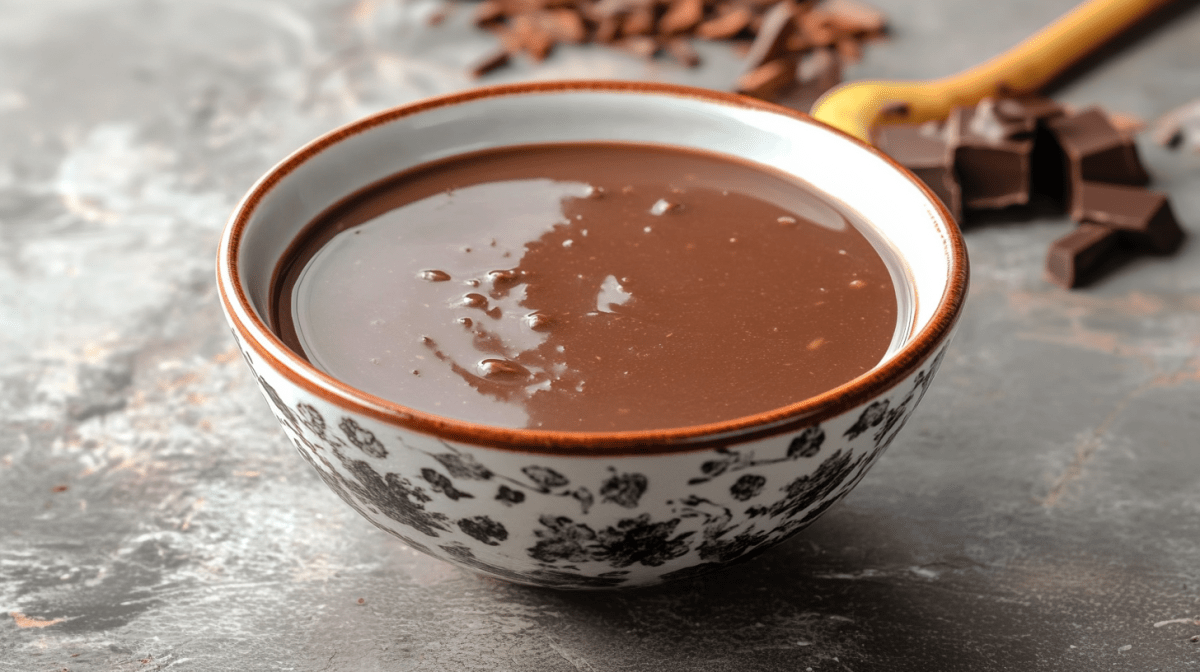 Eine Schüssel mit Schokoladensuppe auf einer grauen Arbeitsfläche. Im Hintergrund liegt etwas Schokolade sowie ein Holzlöffel.