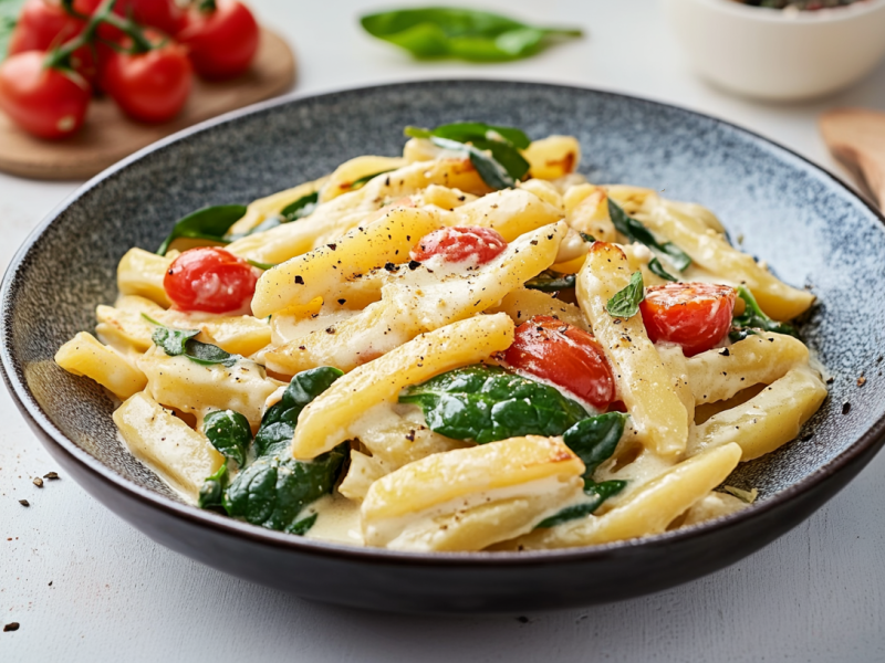 Eine Schüssel Schupfnudeln mit Spinatsoße auf einem hellen Tisch. Im Hintergrund sieht man noch ein Schneidebrett mit Tomaten und Spinat.