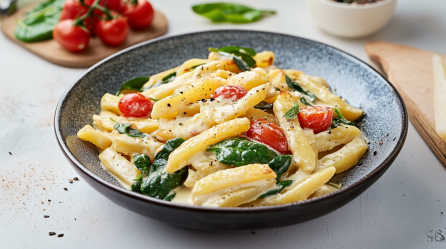 Eine Schüssel Schupfnudeln mit Spinatsoße auf einem hellen Tisch. Im Hintergrund sieht man noch ein Schneidebrett mit Tomaten und Spinat.
