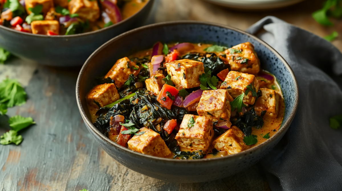 Eine Schüssel Schwarzkohl-Curry steht auf einem Holztisch. Es ist mit Tofuwürfeln, roter Paprika und Zwiebeln zubereitet. Rechts neben der Schale liegt ein graues Tuch. Links sieht man etwas Salat auf dem Tisch liegen, sowie eine weitere Schale mit dem Curry.
