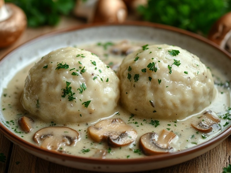 Ein Teller Semmelknödel mit Pilzrahm, bestreut mit Petersilie, drumherum einige Pilze und Petersilie.