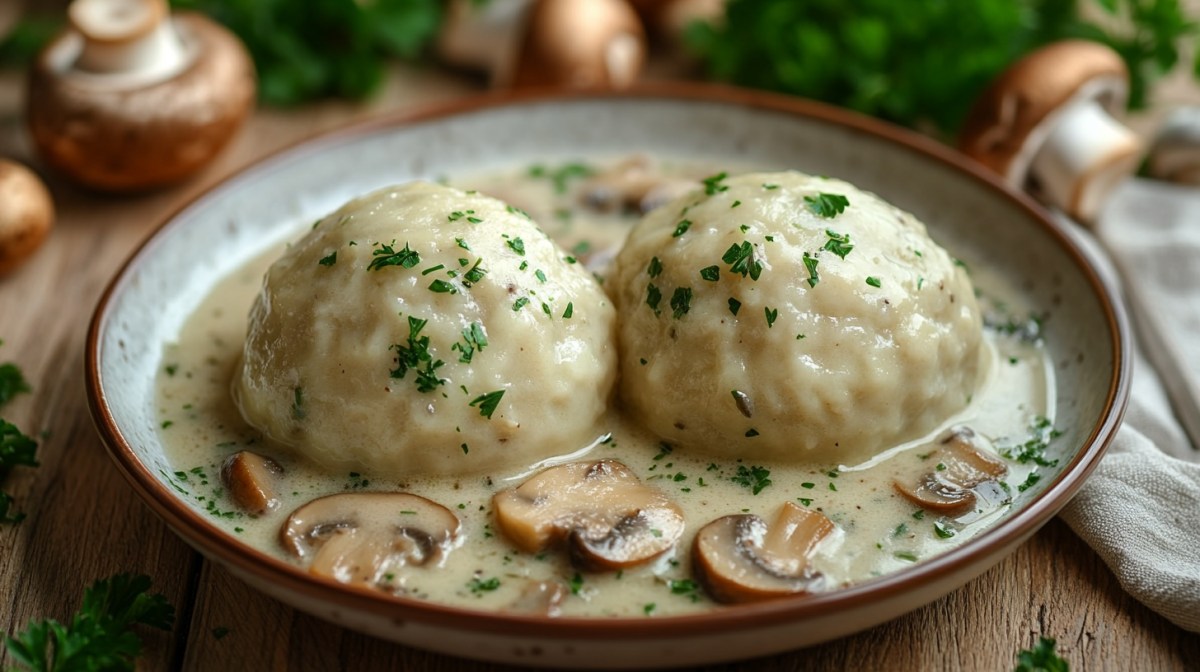 Ein Teller Semmelknödel mit Pilzrahm, bestreut mit Petersilie, drumherum einige Pilze und Petersilie.