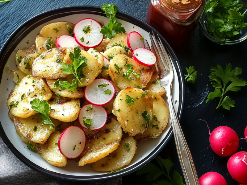 Eine Schüssel Semmelknödelsalat, daneben liegen Radieschen.