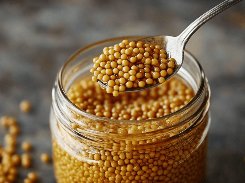 Senfkaviar in einem Glas. Ein Löffel entnimmt ein paar Körner.