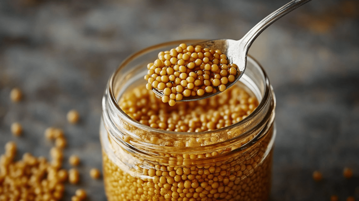 Senfkaviar in einem Glas. Ein Löffel entnimmt ein paar Körner.