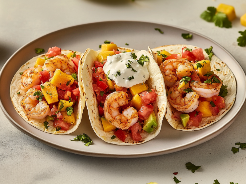 Ein Teller mit drei Shrimp-Tacos, die mit einer Klecks Sour Cream getoppt sind. Die Shrimp-Tacos enthalten gebratene Garnelen und eine Salsa aus Avocado, Tomate, Mango und Koriander. Der Teller steht auf einer hellen Arbeitsfläche. Um den Teller herum liegt eine Avocadohälfte, Limettenscheiben und frischer Koriander.