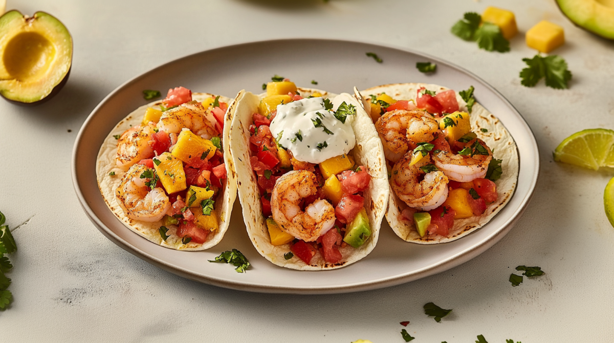 Ein Teller mit drei Shrimp-Tacos, die mit einer Klecks Sour Cream getoppt sind. Die Shrimp-Tacos enthalten gebratene Garnelen und eine Salsa aus Avocado, Tomate, Mango und Koriander. Der Teller steht auf einer hellen Arbeitsfläche. Um den Teller herum liegt eine Avocadohälfte, Limettenscheiben und frischer Koriander.